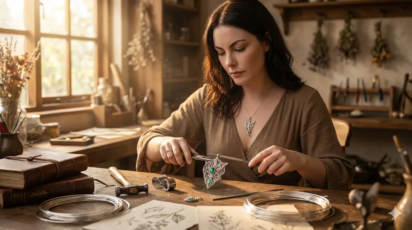 Sophie dans son atelier, façonnant un bijou féerique